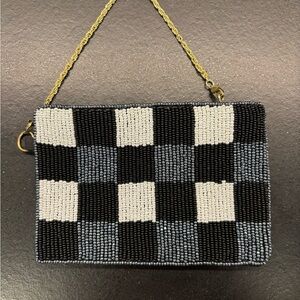 NWOT Chic Checkered Beaded Zip Pouch with Gold Chain